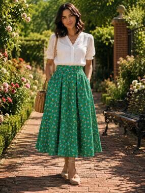 Tulip B Green Floral Polka Dot Midi Skirt Cottage Core NWT Small